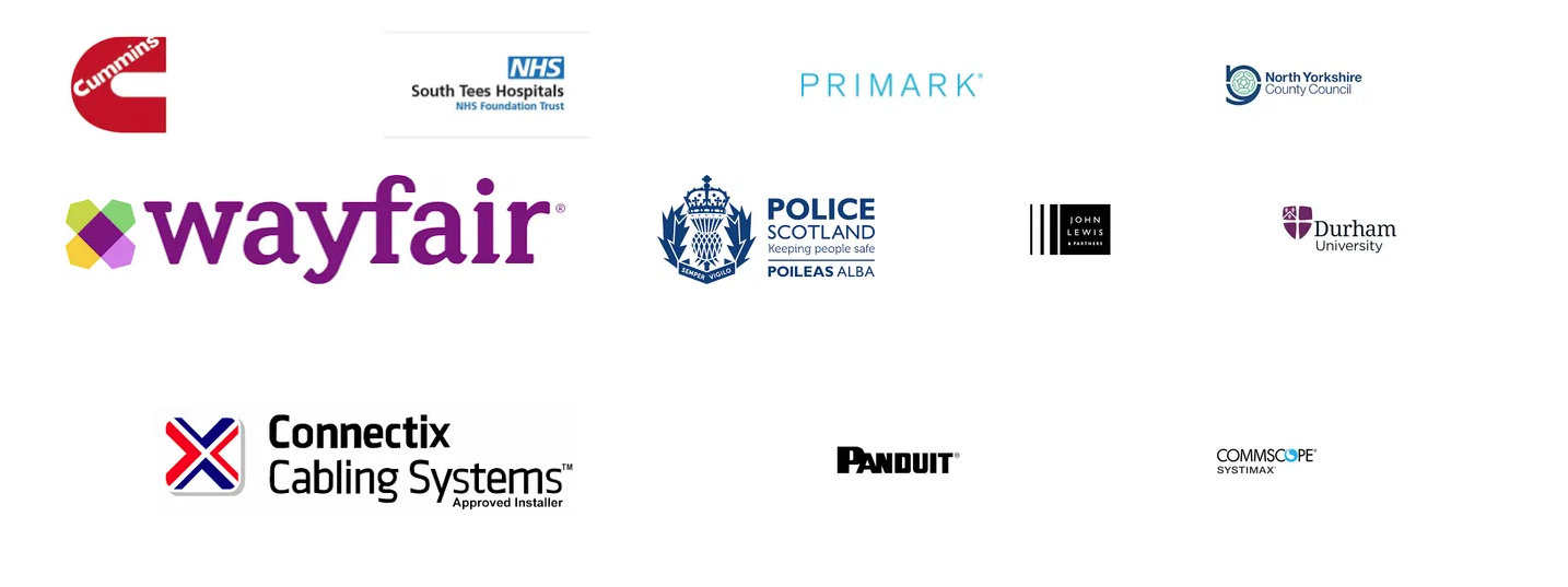 Client and partner logos including Cummins, South Tees Hospitals, Primark, Wayfair, Police Scotland and Durham University