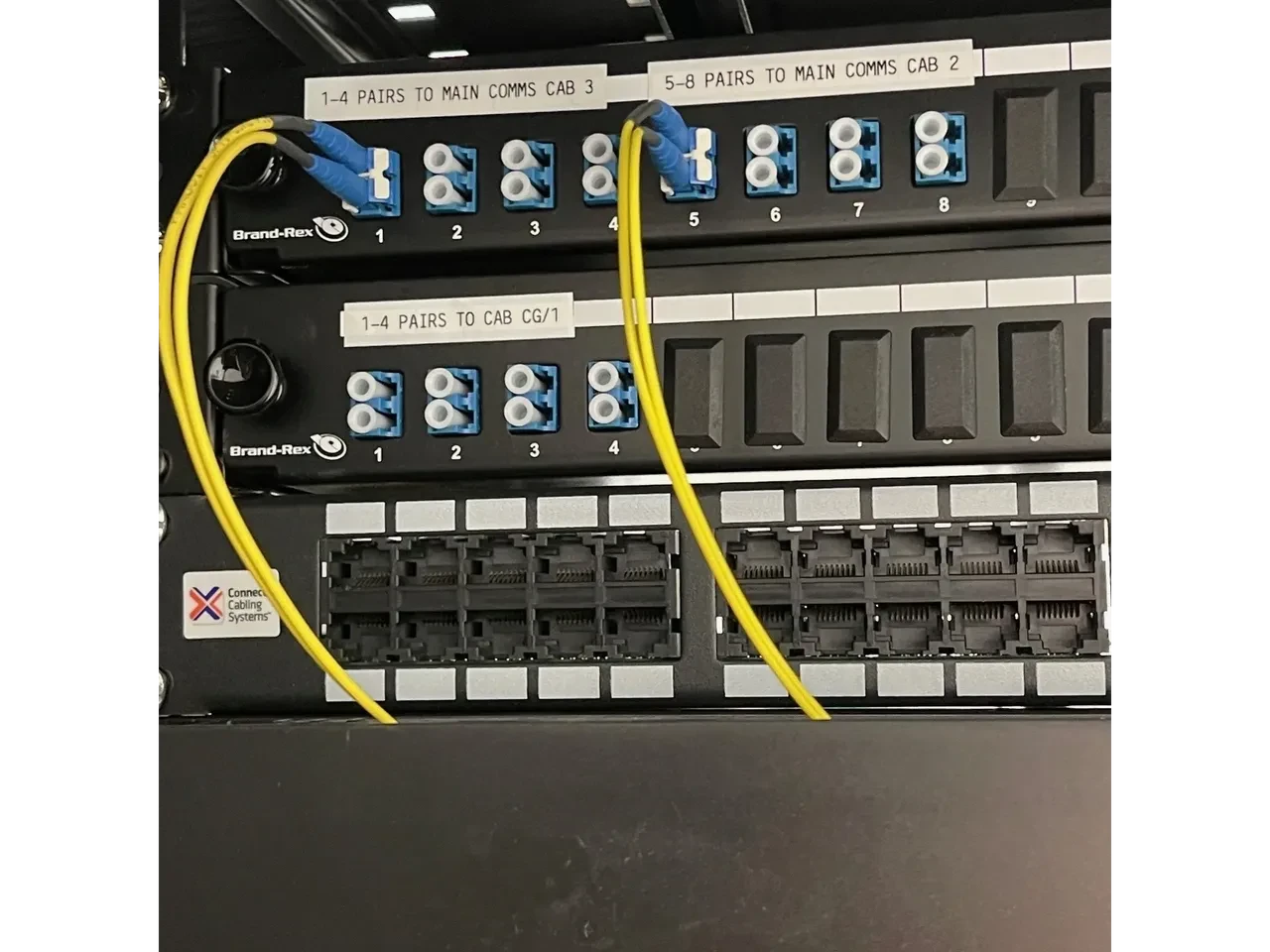 Installed network rack with blue data cables