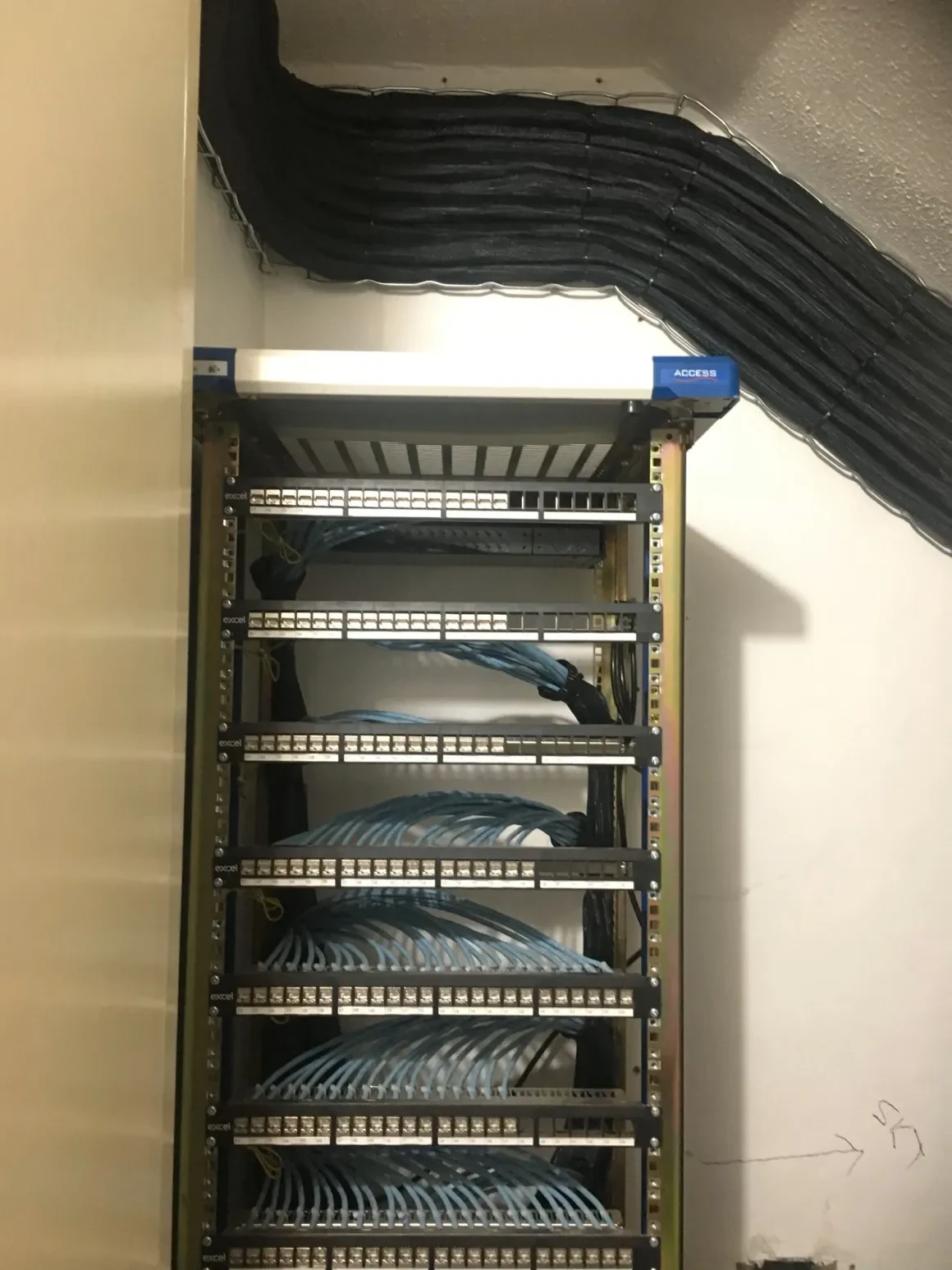 Network cabling rack with labelled patch panels